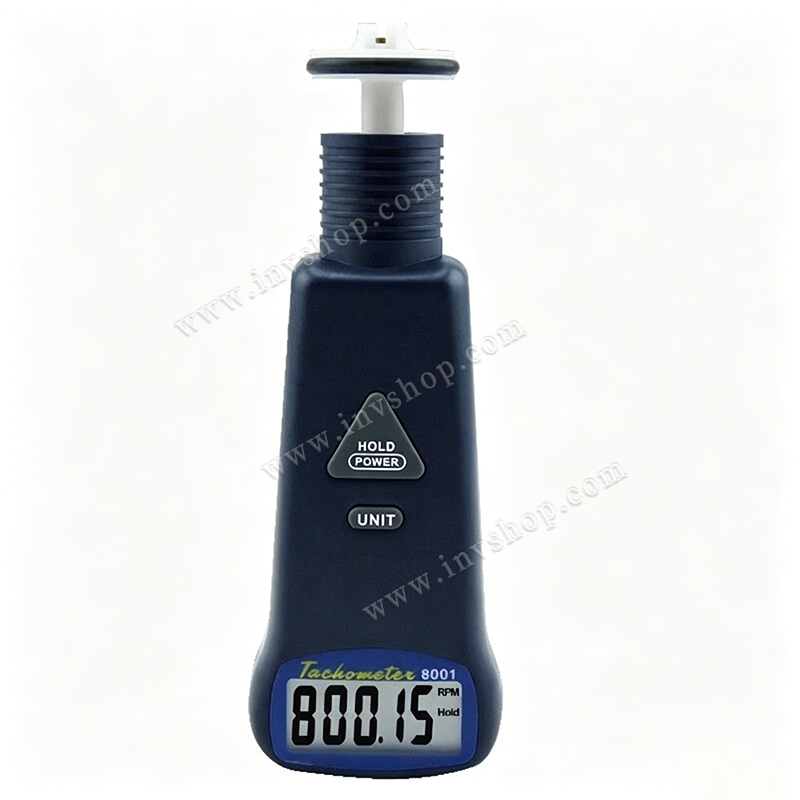 AZ-8001 Digital Contact Tachometer measures 10-19999 RPM via contact tips or reflective tape